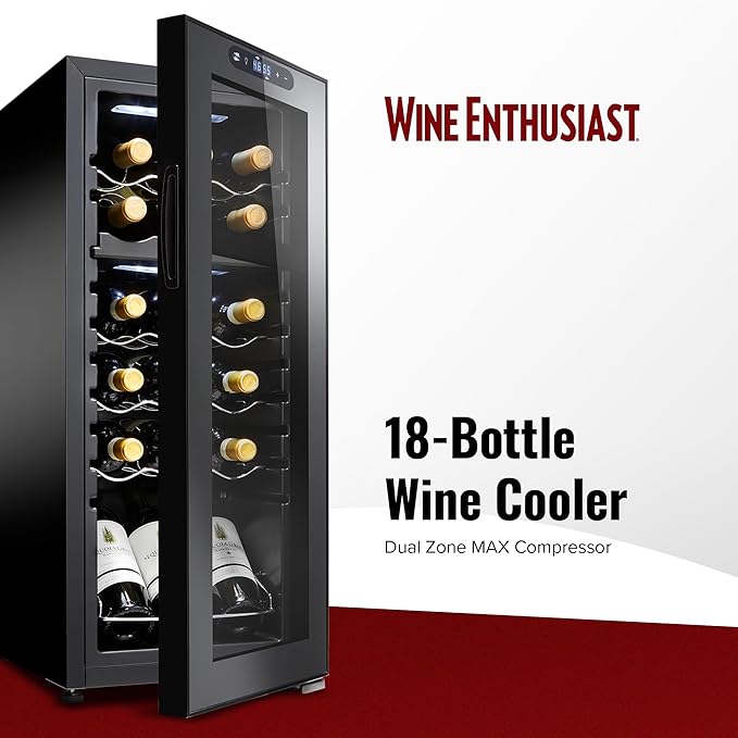 Wine Enthusiast 18-Bottle Dual Zone MAX Compressor Wine Cooler – Freestanding Beverage Refrigerator, Mini Fridge with Digital Touchscreen, Split Storage, Energy-Efficient Cooling, and LED Display