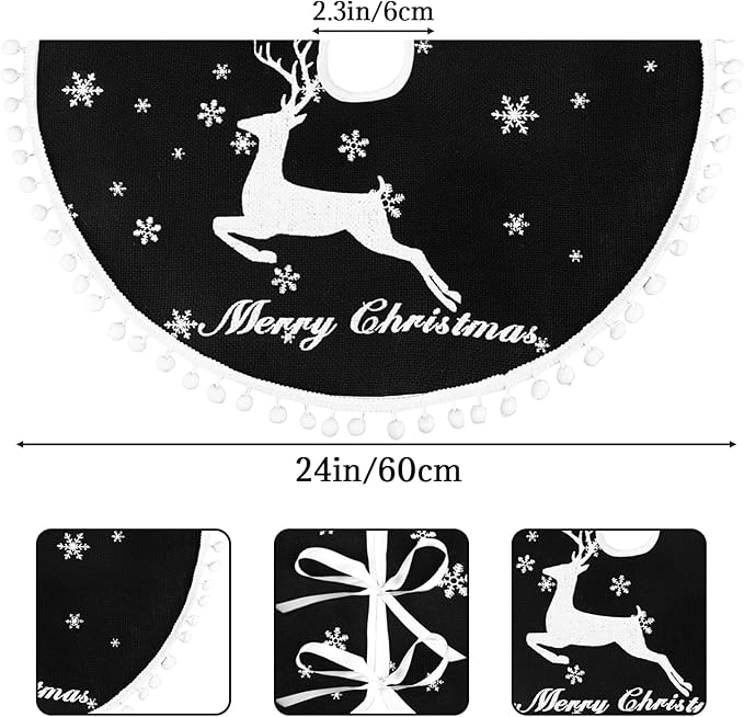 24 Inch Christmas Tree Skirt, Burlap Black Christmas Rustic Tree Skirt with Elk Deer and White Snowflake Printed for Holiday Party Xmas Tree Decoration