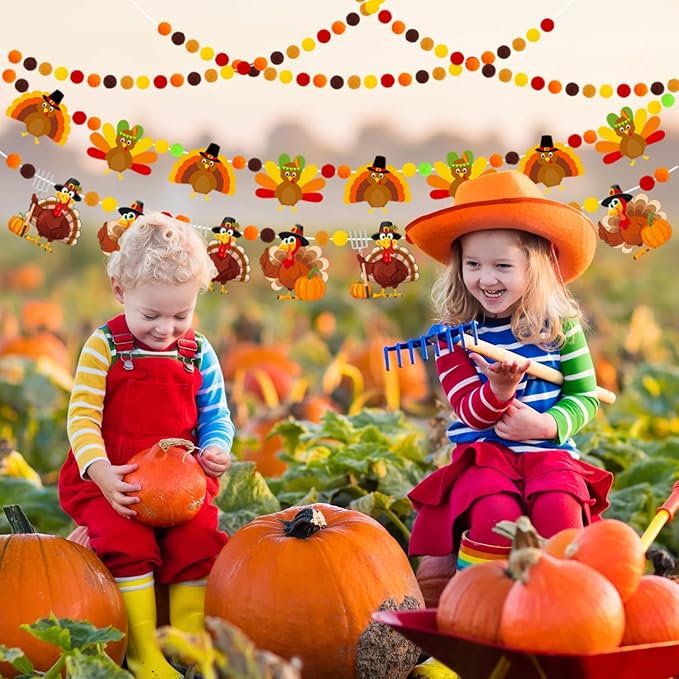 Doumeny 3Pcs Fall Thanksgiving Felt Banner Thankful Felt Turkey Bunting Garland Happy Thanksgiving Hanging Garland Give Thanks Party Banner Pompom Ball Bunting with Turkey for Home Fireplace Decor