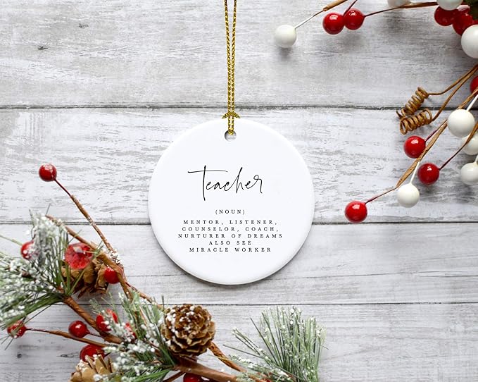Andaz Press Round Ceramic Porcelain Christmas Tree Ornament for Teacher Thank You Gift, Teacher Definition, (Noun), Mentor, Listener, Counselor, Nurturer of Dreams, Also See Miracle Worker, 1-Pack