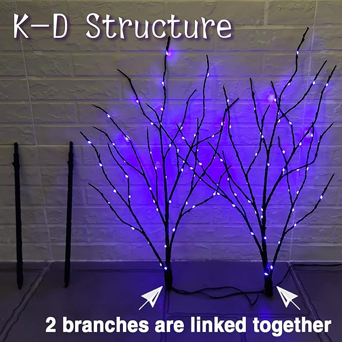 Fudios Halloween Lighted Branches with Timer 100 LED Purple Fairy Lights 32IN, Artificial Black Branch Lights for Halloween Battery Operated Home Decor Indoor Outdoor Use