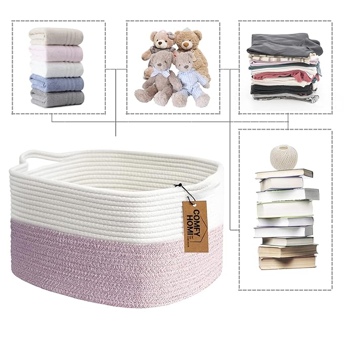 COMFY-HOMI Cotton Rope Woven Medium Basket with Handles for shelf，Cloth Storage Basket for Organizing-13.5X11X9.5 Storage Bin for Bedroom, Newborn or Infant Gift for boy girl （White/Pink）