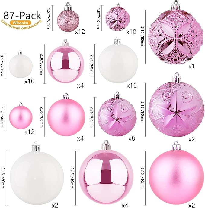 87-Pack Shatterproof Christmas Ball Ornaments Set, Christmas Tree Decorations with Hand-held Gift Package for Xmas Tree Holiday Wedding Party (Pink and White)