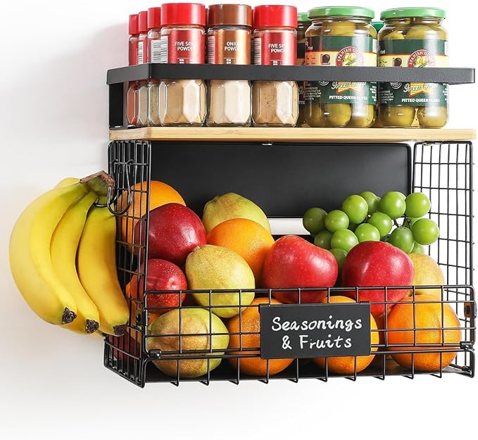 [WIDER Shelf]1 SET Strong Magnetic Shelf Basket for Fridge with Tag & Bamboo Top, XXL Large Magnetic Spice Rack Shelves for Side of Refrigerator, Kitchen Pantry Storage Organizer for Food Fruit Veg