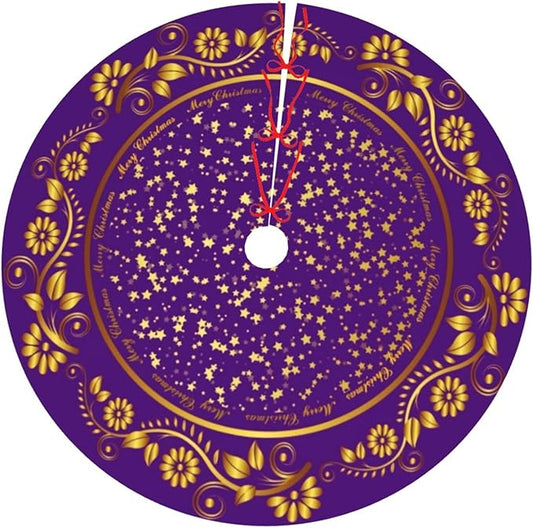 48" Large Christmas Tree Skirt, Elegant Modern Purple Gold Pattern Tree Mat Base Cover for Xmas Festive Holiday Party Decoration Ornaments