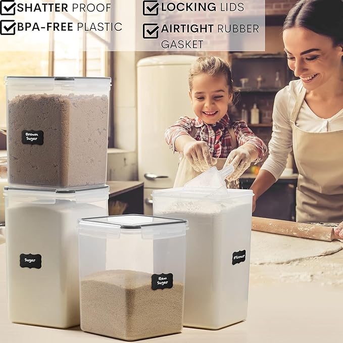 WHITE FEATHER SUPPLIES 4 Pc Flour Sugar Storage Container, Large Food Storage Containers with Lids Airtight for Kitchen, BPA Free Plastic Cereal Containers Storage [2 X 6.5 + 2 X 5.2] 4 Measuring Cup