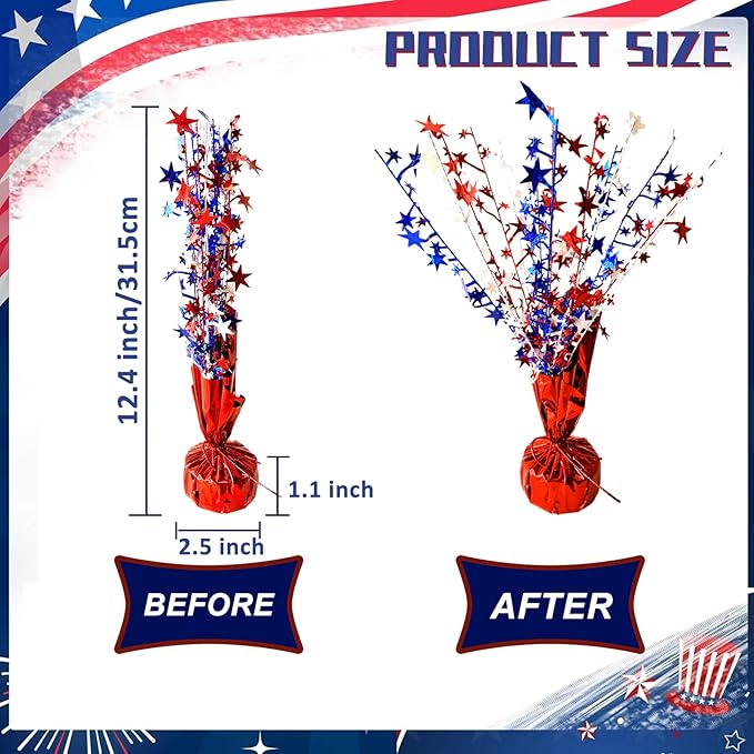 6 Pack 4th of July Table Centerpiece Decoration Metallic Foil Spray Star Burst Patriotic Decoration Independence Day Labor Day Veteran Day Memorial Day Party Supplies, Red White and Blue