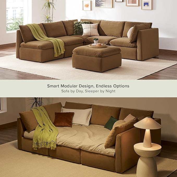 mopio Oversized Modular Sectional Sofa with Fully Removable Covers and Storage, Convertible U, L-Shaped and Sleeper Sectional, Modern Couches with Ottoman Chaise (Hazelnut Velvet, 6 Seats, Sleeper)