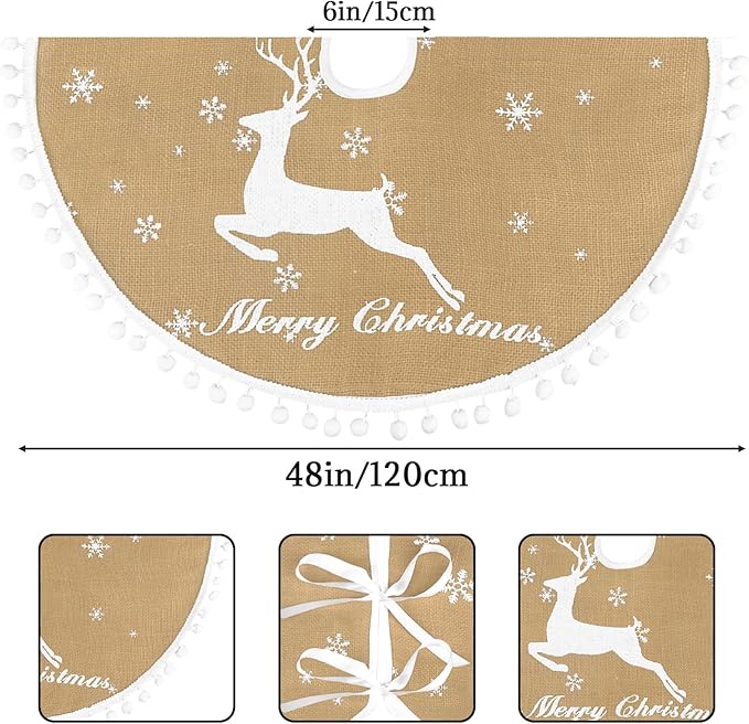 48 Inch Christmas Tree Skirt, Burlap Linen Color Christmas Rustic Tree Skirt with Elk Deer and White Snowflake Printed for Holiday Party Xmas Tree Decoration