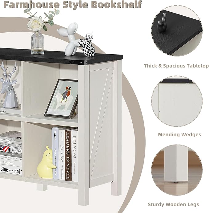 Farmhouse 6 Cube Bookshelf, Antique White & Black Wooden Storage Organizer Book Shelf, 47" Cubby Hallway Bookcase, Kids Toy Storage Cabinet, Modern Open Book Case for Living Room, Playroom