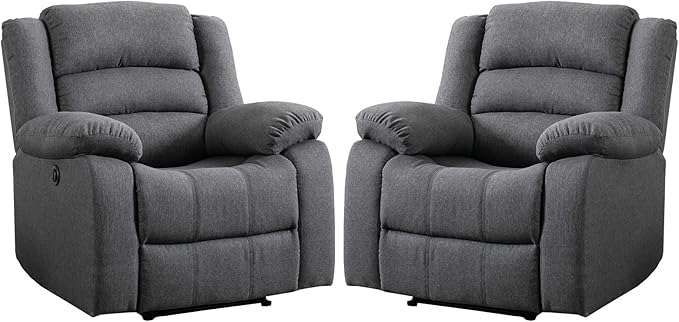 EBELLO Classic Power Recliner Chair, Oversized Electric Reclining Chair with Overstuffed Cushion and Back, Soft Fabric Adults Single Recliner Sofa for Living Room, Set of 2 Grey