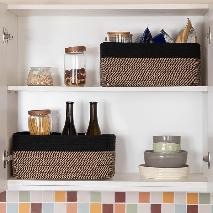 Storage Baskets for Organizing 3 Pack, Woven Baskets for Shelves, Closet Organizer Bins Empty Gift Basket Toy Storage for Toys, Books, Towels, Clothes, 15"x11.42"x6.7", Black & Yellow