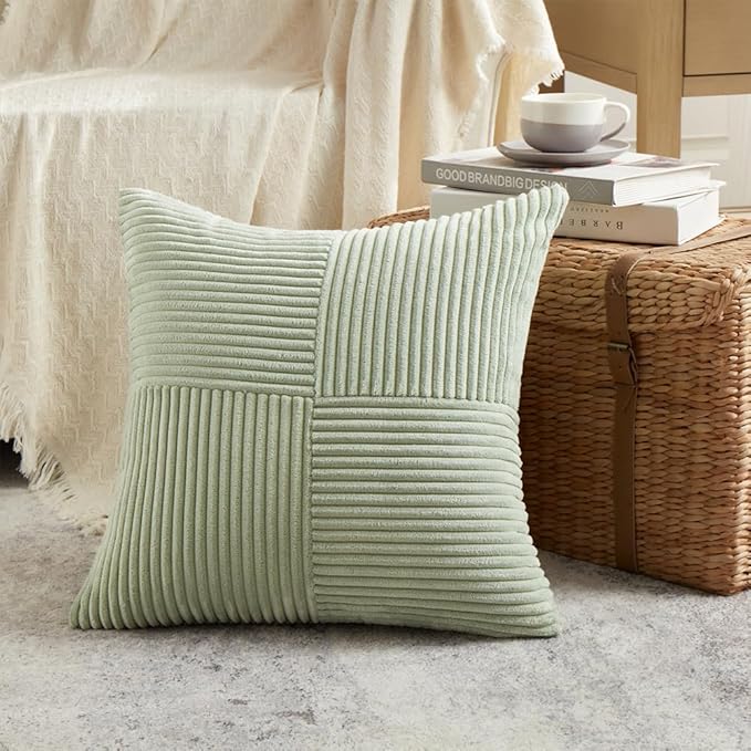 Fancy Homi 2 Packs Sage Green Samll Decorative Throw Pillow Covers 12x12 Inch with for Couch Bed Sofa, Rustic Farmhouse Boho Home Decor, Soft Corss Patchwork Corduroy Square Cushion Case 30x30 cm