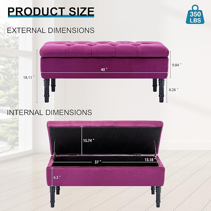 Ottoman with Storage Velvet Storage Bench Holds Up to 500 lbs Ottomans Upholstered Bench with Seating for Bedroom, Living Room, Purple