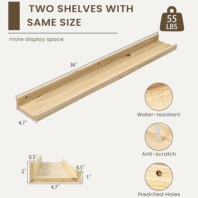 Floating Shelves for Wall, Picture Ledge Shelf 36 Inch Solid Wood Set of 2, Rustic Wall Shelves with Lip, Kids Bookshelf, Photo & Picture Live Edge Floating Shelves for Bedroom, Living Room, Kitchen