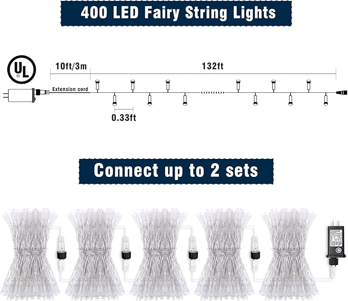 400 LED Purple String Lights, 132 FT Purple Christmas Lights Bedroom 8 Modes Plug in Waterproof Twinkle Fairy Light for Tree Christmas Halloween Thanksgiving Decorations