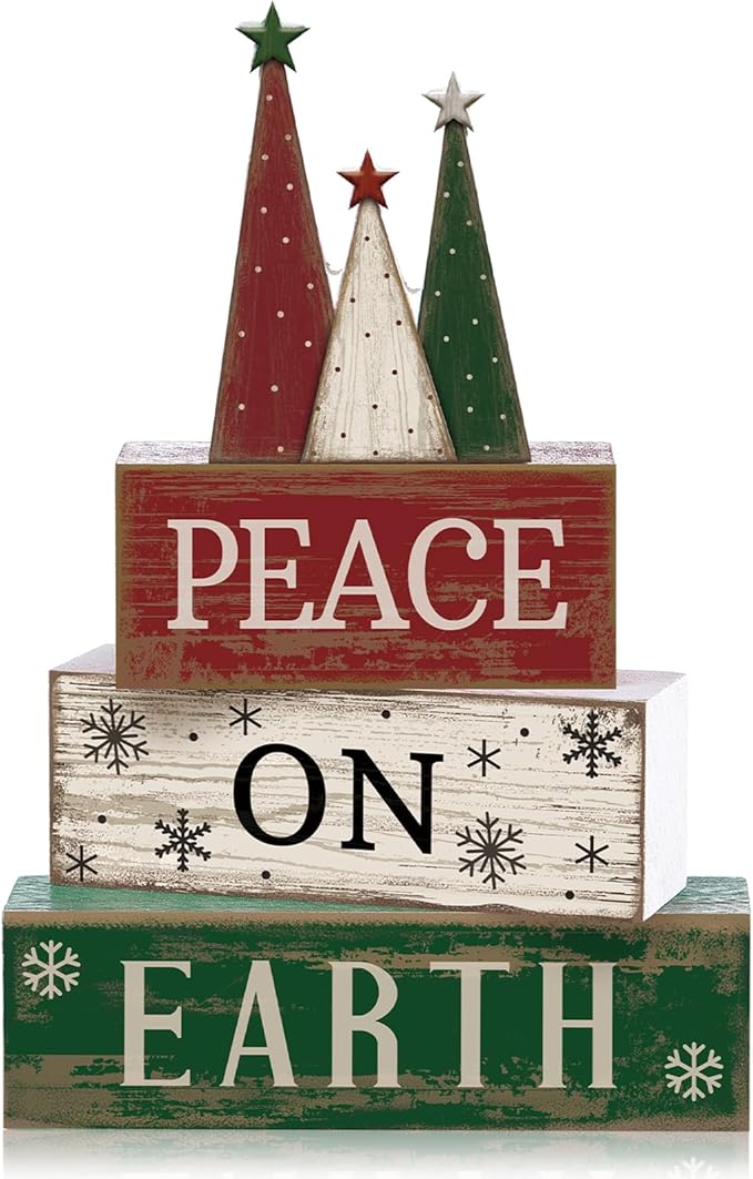 4 Pcs Christmas Table Decoration Wooden Christmas Tree Sign Winter Tiered Tray Decor Decorative Red Green and White Tree Block Signs Xmas Table Centerpiece Farmhouse Decor for Home Kitchen