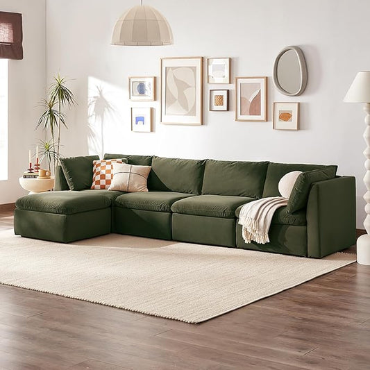 mopio Oversized Modular Sectional Sofa with Fully Removable Covers and Storage, Convertible U, L-Shaped and Sleeper Sectional, Modern Couches with Ottoman Chaise (Olive Green Velvet, 5 Seats, L)
