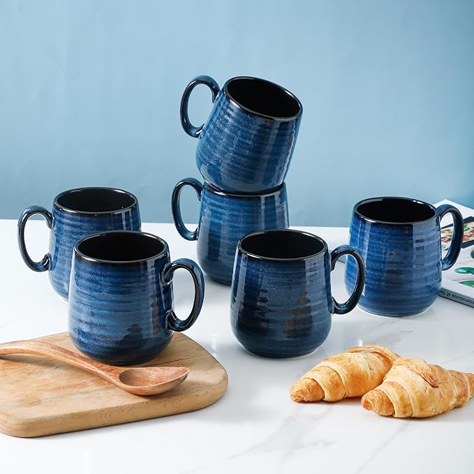 Hasense Espresso Cups 8 oz, Small Coffee Cups Set of 6, Ceramic Mugs with Handle for Coffee, Tea, Cappuccino and Mocha, Dishwasher & Microwave Safe, Blue