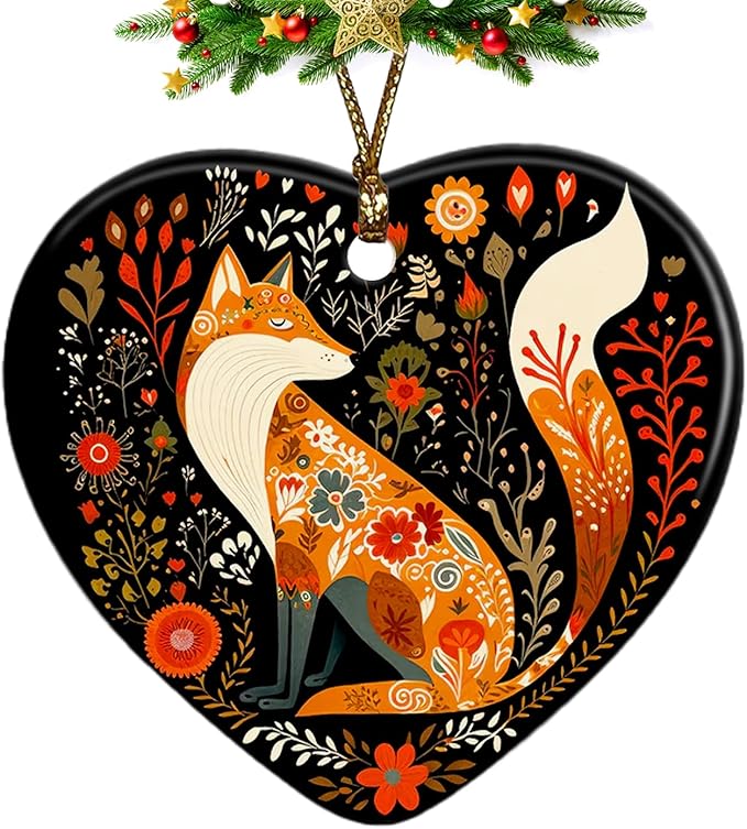 Fox Christmas Ornament - Cottagecore Botanical Heart Ceramic Decoration for Tree - Gift for Women