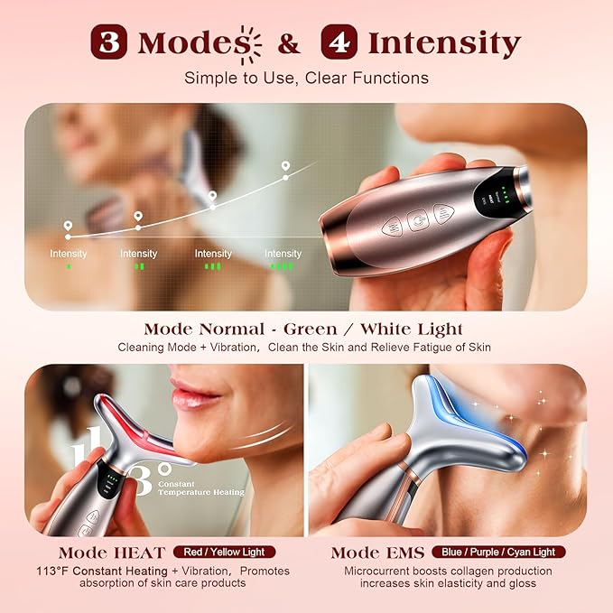 Facial Massager, 7 Colors Red Light Therapy for Face and Neck, Face Lift Device with 113°F Heating Vibration for Multi Skin Care