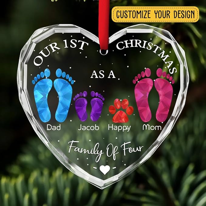 First Christmas As A Family - Personalized Custom Glass Ornament for Family of 10 People and Pets, 1st Xmas Family Ornament 2024 Baby's First Christmas