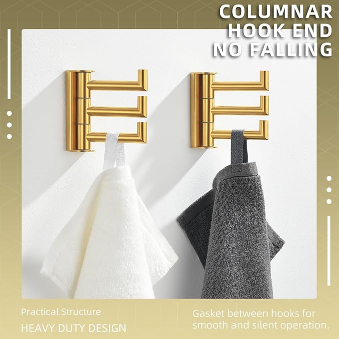 Angle Simple Towel Hooks Swivel, SUS 304 Stainless Steel 3 Arms Foldable Hand Towel Holder, Coat Hooks, Brushed Gold, 2 Pack