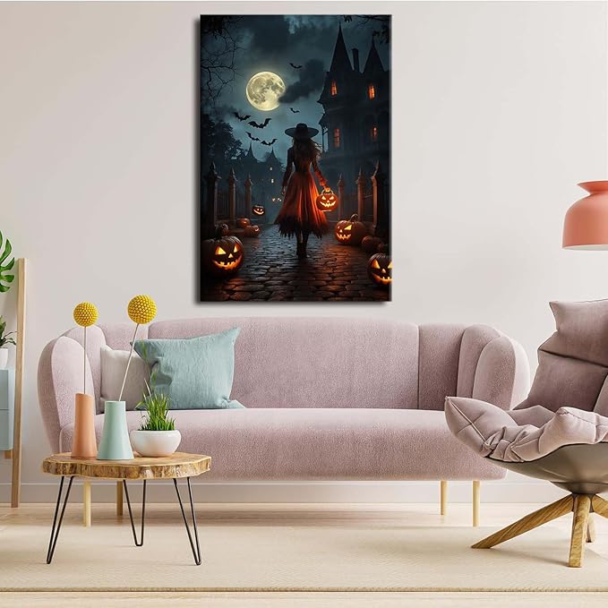 Halloween theme poster moonlit autumn night witch vintage poster art print dark college style gothic painting canvas wall decoration bedroom living room ideal gift24x36in Wood Framed