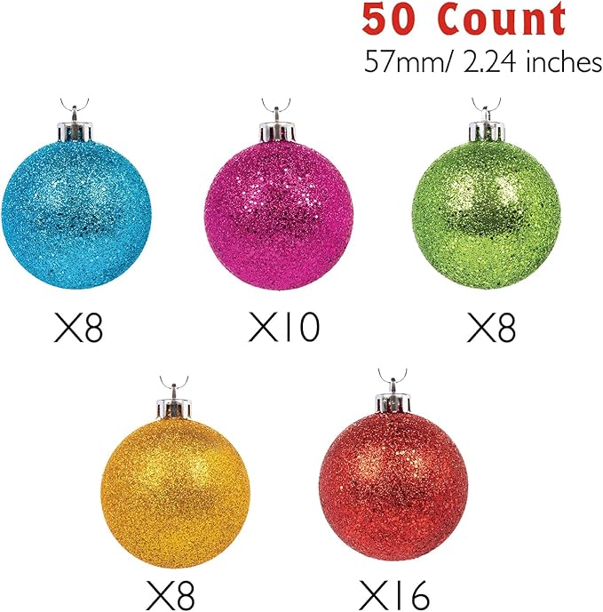 Every Day is Christmas Ornaments, Shatterproof Christmas Tree Ornament Set, Christmas Balls Decoration 50 Count (2.24"/57mm, Glitter Rainbow)