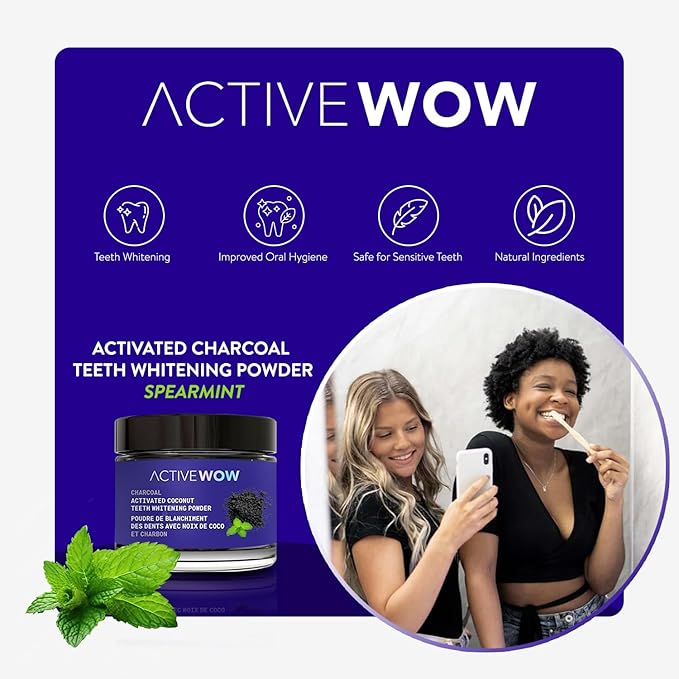 Active Wow Activated Coconut Charcoal Powder - Natural Whitening, Fluoride Free, Sulfate & Paraben Free, Spearmint Toothpaste Powder, 20g