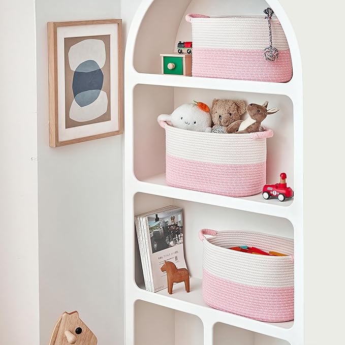 Storage Baskets for Organizing | 15"x10.2"x9.1" - 1 Pack Nursery Bin with Handles - Woven Cotton Rope Baskets for Dog Toys, Books, Shelf, Bathroom,Closet -Pink Basket for Girls