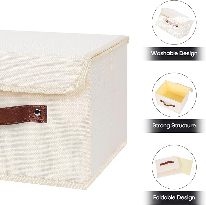 ANMINY 4PCS Storage Bins with Lid PU Leather Handles Storage Boxes PP Plastic Board Decorative Foldable Lidded Cotton Linen Fabric Home Cubes Baskets Closet Organizer Containers - Beige, Small Size