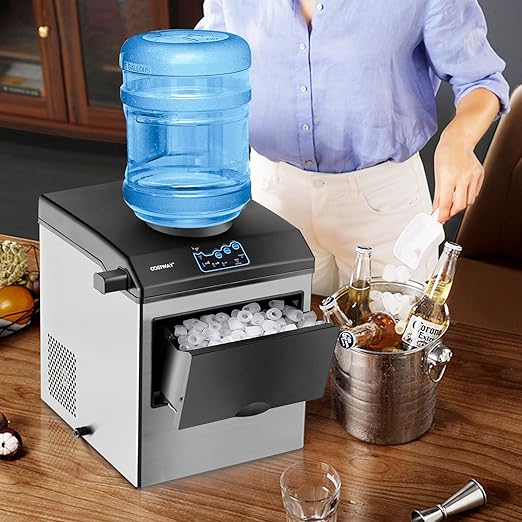 COSTWAY 2 in 1 Countertop Ice Maker Built-in Water Dispenser, 48LBS per Day, S/M/L Size Ice Cube, 5LBS Ice Storage Basket, Fast 6 Mins, Stainless Steel Ice Machine with Extendable Chilled Water Spout