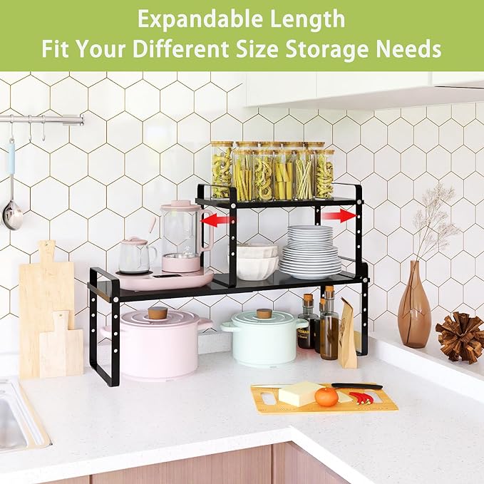 Expandable Cabinet Shelf Organizer Rack, Stackable Kitchen Counter Storage Shelves Stand, Adjustable Height Pantry Shelf Spice Rack (Black, 2 Pack)