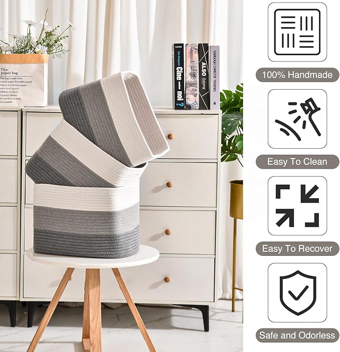 Storage Baskets for Organizing Shelves, Woven Cotton Rope Baskets for Storage Books Towels Toys, Organizing Baskets, Toy Basket for Nursery Bathroom, 15"x11"x9.5", 3 Packs, Gradient Grey