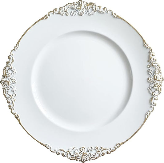 Henilosson white Charger Plates Gold Trim - Antique Plate Chargers for Dinner Plates - Set of 6 Dinner Chargers（6，white）