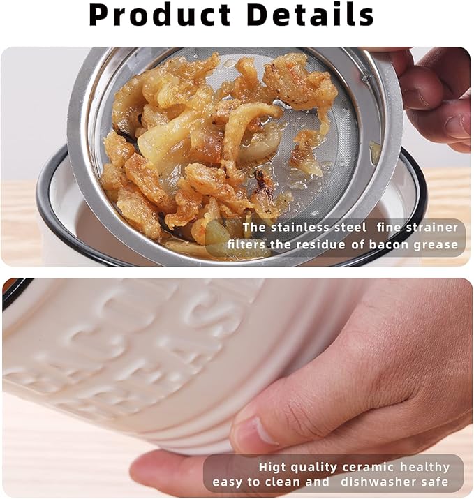 Ceramic Bacon Grease Container Keeper with Strainer,1L Frying Oil Storage Can White