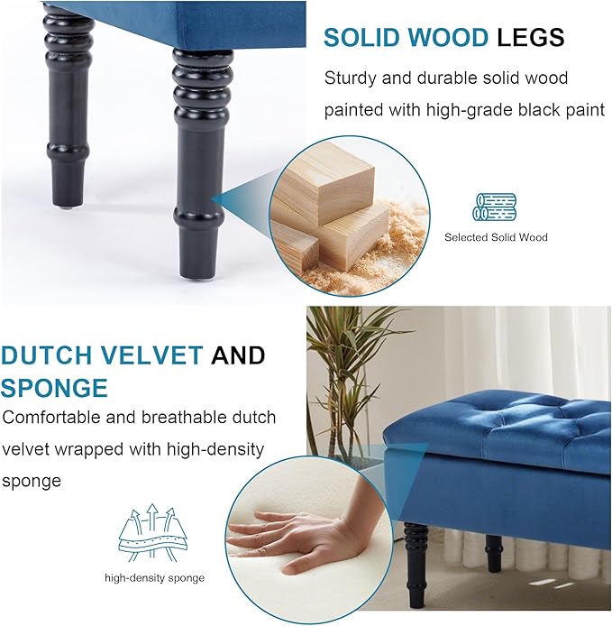 Ottoman with Storage Velvet Storage Bench Holds Up to 500 lbs Ottomans Upholstered Bench with Seating for Bedroom, Living Room, Blue