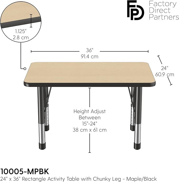 FDP Rectangle Activity School and Classroom Kids Table (24 x 36 inch), Chunky Toddler Leg, Adjustable Height 15-24 inches - Maple Top and Black Edge