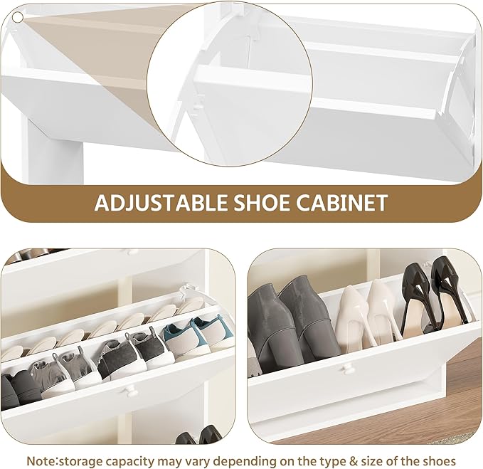 Shoe Cabinet with 3 Flip Drawers, Narrow Shoe Cabinet with 9 Hooks Coat Rack, Freestanding Shoes Storage Cabinets with Adjustable Shelves for Entryway, Hallway, Living Room, White