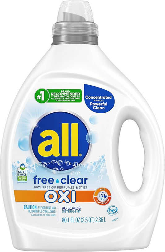 all Liquid Laundry Detergent, Free Clear for Sensitive Skin with OXI, Unscented and Hypoallergenic, 2X Concentrated, 90 Loads