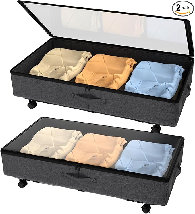 Under Bed Storage with Wheels, 2 Pack Under Bed Storage Containers with Transparent Lid, 50L Large Capacity Underbed Storage Containers, Underbed Storage Bins for Clothes, Shoes, Books, Toys, Black