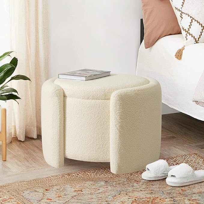 Furniliving Upholstered Button Tufted Round Ottoman, Ottoman with Storage, Teddy Footrest Stool, Removable Lid Convenient Footstools, Bedroom Ottomans with Storage for Vanity, Living Room, Beige