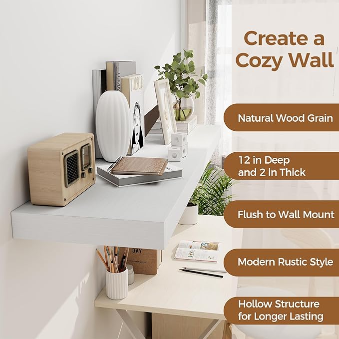 White Floating Shelves 48 Inch Long, 12 Inch Deep Floating Shelves for Wall, 48 x 12 Large Wall Shelves for Home Storage & Display, 2" Thicked Floating Shelf for Bedroom, Living Room, 1 Pack