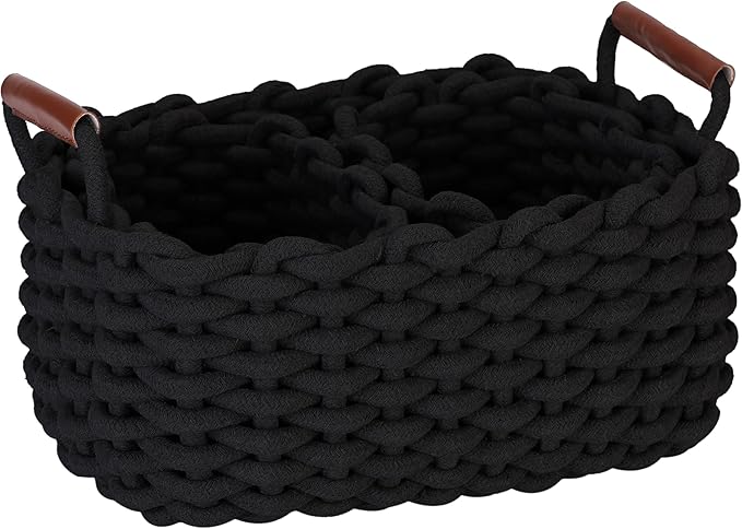 Sea Team 3-Pack Rectangle Woven Cotton Rope Storage Baskets with Handles, Shelf Basket, Closet Organizers, 3-in-1, Black