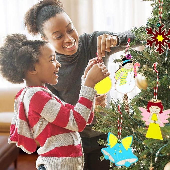 48PCS Christmas Crafts for Kids, Wooden Christmas Ornaments Unfinished Wood Slices with 6 Styles, DIY Christmas Ornaments Kits for Christmas Tree Holiday Hanging Decorations