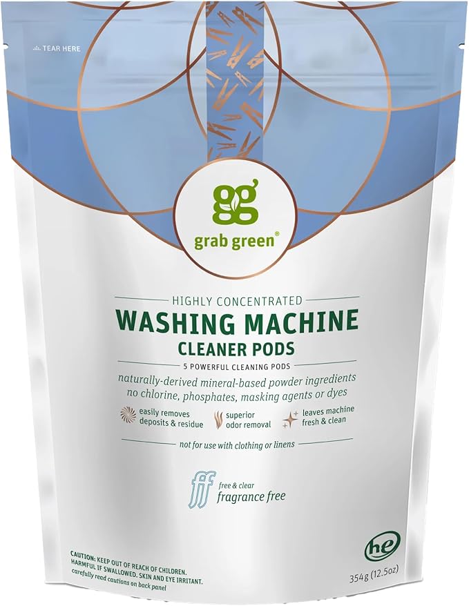 Grab Green Washing Machine Cleaner, 5 Count, Fragrance Free, Mineral Based Removes Deposits and Odors, Naturally Cleans