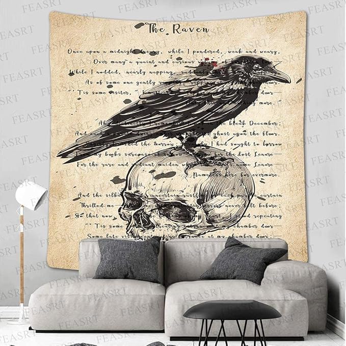 Gothic Skull and Raven Dictionary Tapestry The Raven Wall Tapestry Edgar Allan Poe Rustic Home Room Mural Posters 51x60 Inches for Living Room Bedroom Home Dorm GTQQAY1543