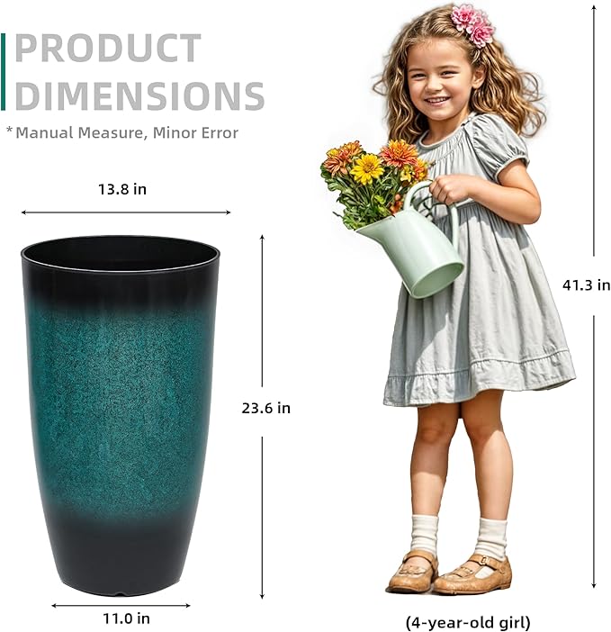 Tall Outdoor Planters, Set of 2 Large Flower Pots for Outdoor Plants, with Gradient Turquoise Finish, Weather-Resistant for Porch, Garden, Patio