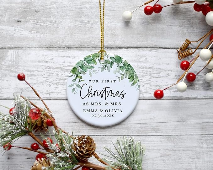 Andaz Press Personalized Our First Christmas As Mrs. & Mrs. 2025 Christmas Ornaments Greenery 2.8" Round Porcelain Ceramic Lesbian Married Couple Gay Women Newlyweds Hers Wedding Keepsake 1-Pack